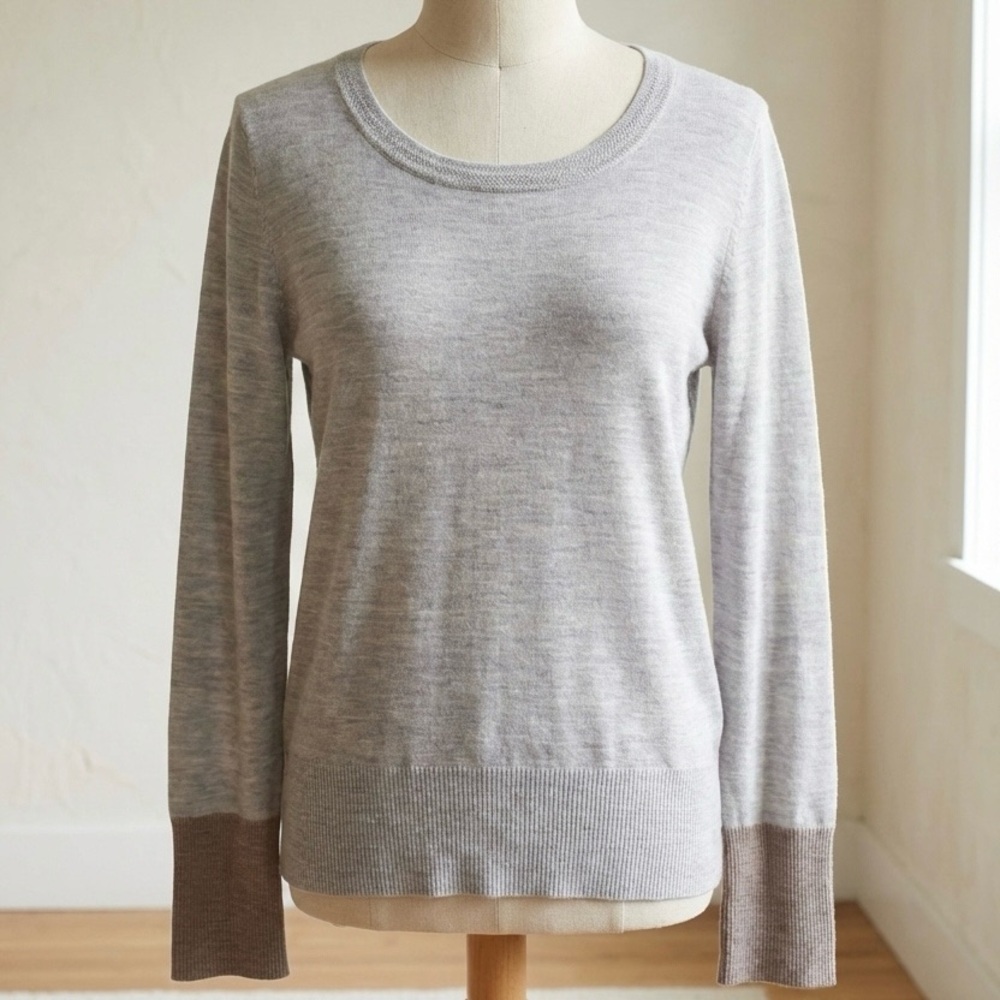 Cynthia Rowley| NEW Light Gray Colour-block Cuff Merino Wool Sweater NWT Sz XL